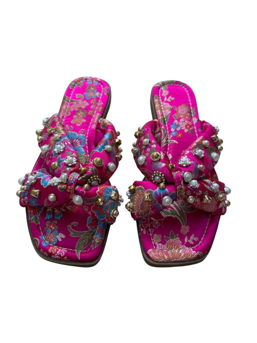 Azalea Wang Ramsey Puffy Embellished Bling Pink Sandal Slides Size 7 Resort Glam